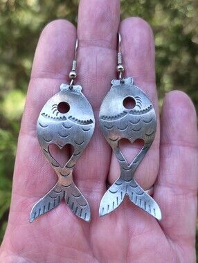 Adorable Fish Large 2.5 Inches Silver Tone Heart Cutout Statement Earrings